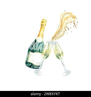Lo champagne spruzza l'acquerello. Bottiglia, bicchieri di champagne. Biglietti di auguri, inviti di nozze, banner, poster, compleanno, festival, capodanno. Illustrazione Vettoriale