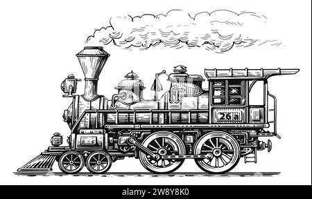 Treno d'epoca, vista laterale. Locomotiva a vapore retrò in stile schizzo. Illustrazione di trasporto disegnata a mano Foto Stock