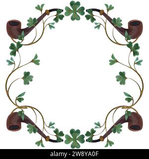 Cornice di scrofoli di trifoglio shamrock con tubi fumanti di leprechaun. Decorazione per St. Patrick's Day. Illustrazione ad acquerello isolata su sfondo bianco. Foto Stock