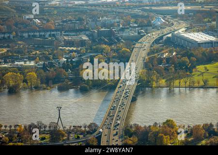 Vista aerea, strada stradale, autostrada federale B55a sul ponte dello zoo sul fiume Reno e funivia, circondata da alberi decidui autunnali, Deutz, Co Foto Stock