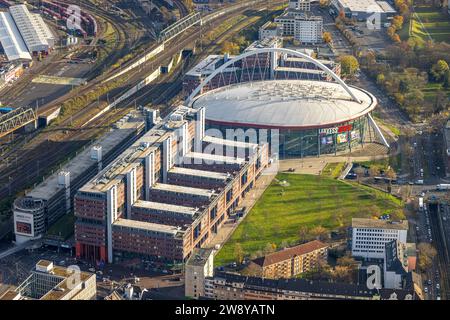 Vista aerea, sede ed eventi della Lanxess Arena, Deutz, Colonia, Renania settentrionale-Vestfalia, Germania Foto Stock