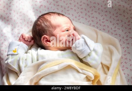 Un nuovo membro della famiglia reagisce con la luce solare e il sorriso sul viso, inizia un nuovo viaggio e una nuova storia Foto Stock