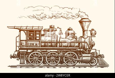 Locomotiva a vapore d'epoca, vista laterale. Schizzo retrò disegnato a mano. Illustrazione del vettore di trasporto Illustrazione Vettoriale