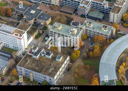 Vista aerea, parcheggio in cantiere dell'Università Heinrich Heine, circondato da alberi decidui autunnali, Bilk, Düsseldorf, Renania, Nord Foto Stock