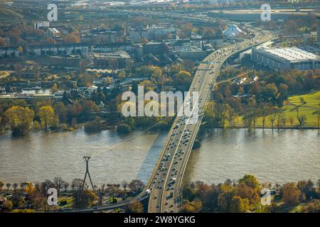 Vista aerea, strada stradale, autostrada federale B55a sul ponte dello zoo sul fiume Reno e funivia, circondata da alberi decidui autunnali, Deutz, Co Foto Stock