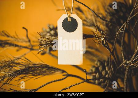 Modello di etichetta fatto a mano su un bouquet di rami di pino secco con coni in vaso. Nuovo anno, decorazioni natalizie per interni domestici. Decorazioni naturali. Foto Stock