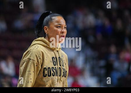 Uncasville, CT, USA. 10 dicembre 2023. Dawn Staley, capo-allenatore dei South Carolina Gamecocks, guarda durante una partita di basket femminile NCAA nella vetrina femminile Invesco QQQ Basketball Hall of Fame tra i South Carolina Gamecocks e gli Utah Utes alla Mohegan Sun Arena di Uncasville, Connecticut. Erica Denhoff/CSM/Alamy Live News Foto Stock