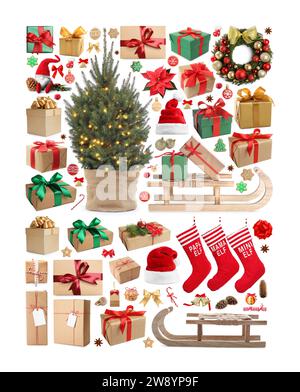 Personale natalizio e confezioni regalo isolate su bianco, collezione Foto Stock