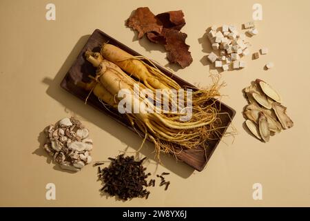 Immagine di fresche radici di ginseng su vassoio di legno decorato con diversi tipi di erbe su sfondo beige. Il ginseng è stato usato nella medicina tradizionale Foto Stock