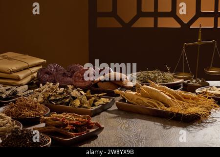 Sul tavolo di legno, diversi tipi di erbe medicinali esposti su vassoi di legno. Scena per pubblicità medica, fotografia medicina tradizionale con Foto Stock