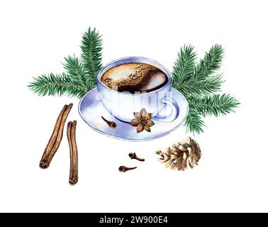 Illustrazione ad acquerello di una tazza bianca con caffè, rami di abete verde, cono di pino, anice, cannella e chiodi di garofano. Composizione isolata per poster, schede Foto Stock