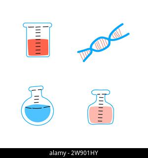 provette per flaconi in vetro science e vettore di dna. Illustrazione vettoriale in stile piatto. Può essere utilizzato per la scienza sfondo medico, striscione, carta. Illustrazione Vettoriale