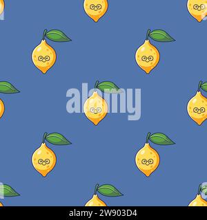 Simpatico personaggio Kawaii Lemon con motivo occhiali senza cuciture. Illustrazione vettoriale disegnata a mano. Personaggio al limone in stile doodle. Motivo su sfondo blu. Tessuto timido al limone nerd, tessuto. Illustrazione Vettoriale