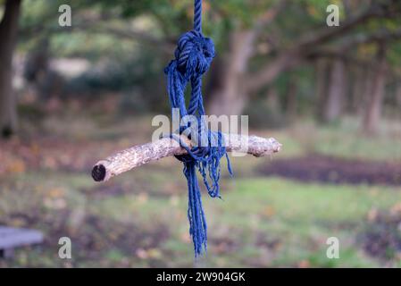 Dondolo realizzato a mano con una vecchia corda blu e un ramo, sfondo sfocato. Foto Stock