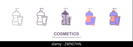 Collezione di icone cosmetiche. Bellezza, trucco, lozione, icona deodorante. Illustrazione Vettoriale