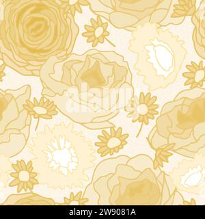 Motivo senza cuciture di fiori gialli monocromatici, illustrazione romantica su larga scala. Illustrazione Vettoriale