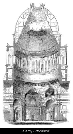 Incisione vintage 1854 di e vista in sezione della cupola di San Paul's Cathedral, Londra. Foto Stock