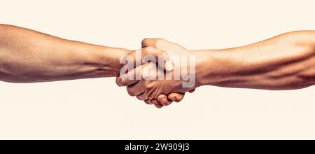 Partner che stringono la mano. Stretta di mano amichevole, saluto degli amici, lavoro di squadra, amicizia. Soccorso, aiuto gesto o o mani. Due mani, una mano che aiuta Foto Stock