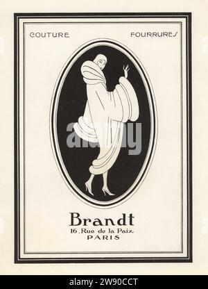 Pubblicità rivista per il marchio di moda Brandt, Parigi, 1925. Donna in Bob corto che indossa un lussuoso cappotto in pelliccia. L'immigrato tedesco Dettmar Brandt gestiva la sua maison al 16 di rue de la Paix e si specializzava in abiti e pellicce. Couture, Fourrures. Ad from Art, Gout, Beaute, pubblicato dalla rivista di moda AGB, Lione, ottobre 1924. Foto Stock