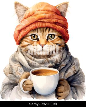 gatto nel turbante con una tazza di caffè acquerello su bianco Illustrazione Vettoriale