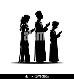 Una sagoma di famiglia musulmana che alza le mani in preghiera, illustrazione vettoriale, isolata su sfondo bianco. Illustrazione Vettoriale