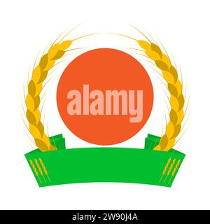 Logo Wheat Ears con sole e nastro. Forme arrotondate. Verde, arancione, oro, giallo. Emblema, icona. Illustrazione vettoriale isolata. Illustrazione Vettoriale