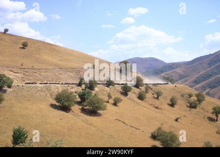 I pastori del Kirghizistan portano le loro capre e pecore in alti altopiani attraverso la strada, il Kirghizistan, l'Asia centrale Foto Stock