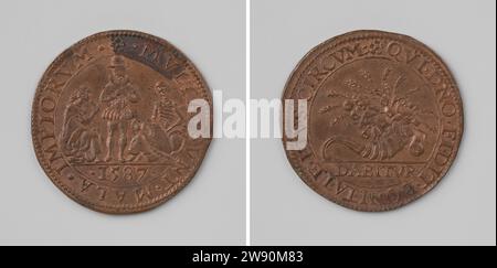 Malattia e carestia nei Paesi Bassi spagnoli a seguito del blocco di guerra, Anonymous, 1587 Live Copper Medal. Fronte: Spagnolo, in piedi tra la fame, raffigurata come seduta, donna aggravata, e morte, raffigurato come una cornice, seduto nel mezzo di armi all'interno della copertura; Cut: Year. Rovescio: Corno imbottito di abbondanza all'interno della copertura; taglio: Iscrizione Dordrecht rame (metallo) colpisce (lavorazione dei metalli) Belgio Foto Stock