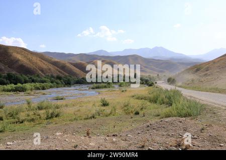 Il paesaggio del fiume, il passo Kaldaman, tra Arslanbob e Kazarman, in Kirghizistan, Asia centrale Foto Stock