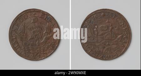 Il viaggio da Admiraal van der fa per le Isole Canarie, Anonymous, medaglia di rame live del 1599. Fronte: Nave Argo; in randa: Nome Jehovah nella scrittura ebraica all'interno di Kischruiz. Lato negativo: mappa dell'area intorno a Zaltbommel e Tiel; poi due immagini, tra le quali il nome di Geova è scritto nella scrittura ebraica in Stralenkrans all'interno di Kischrift Dordrecht rame (metallo) che colpisce (lavorazione dei metalli) le Isole Canarie. Zaltbommel. Tiel Foto Stock