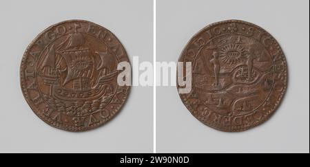 Il viaggio da Admiraal van der fa per le Isole Canarie, Anonymous, medaglia di rame live del 1599. Fronte: Nave Argo; in randa: Nome Jehovah nella scrittura ebraica all'interno di Kischruiz. Lato negativo: mappa dell'area intorno a Zaltbommel e Tiel; poi due immagini, tra le quali il nome di Geova è scritto nella scrittura ebraica in Stralenkrans all'interno di Kischrift Dordrecht rame (metallo) che colpisce (lavorazione dei metalli) le Isole Canarie. Zaltbommel. Tiel Foto Stock