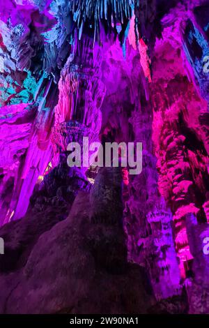 Gibilterra Themenfoto: Reise, Europa, Gibilterra, Saint Michael S Hoehle, Grossbritannien, 19.12.2023 Bunte Lichteffekte auf den Waenden mit den Stalagmiten und Stalaktiten in der Saint Michael S Hoehle in den Felsen von Gibraltar Themenfoto: Reise, Europa, Gibilterra, Saint Michael S Hoehle, Grossbritbriten, 19.12.2023 ****** Gibilterra, Gibilterra, Gibilterra, Gibilterra viaggio, Gibilterra, Gibilterra Europa, Gibilterra, Gibilterra, Gibilterra, Gibilterra grotta di San Michele, Regno Unito, 19 12 2023 coloratissimi effetti di luce sulle pareti con stalagmiti e stalattiti nella grotta di San Michele nelle rocce di Gibilterra, viaggio fotografico a tema Europa, Gibilterra, San Michele Foto Stock