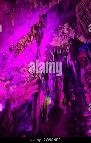 Gibilterra Themenfoto: Reise, Europa, Gibilterra, Saint Michael S Hoehle, Grossbritannien, 19.12.2023 Bunte Lichteffekte auf den Waenden mit den Stalagmiten und Stalaktiten in der Saint Michael S Hoehle in den Felsen von Gibraltar Themenfoto: Reise, Europa, Gibilterra, Saint Michael S Hoehle, Grossbritbriten, 19.12.2023 ****** Gibilterra, Gibilterra, Gibilterra, Gibilterra viaggio, Gibilterra, Gibilterra Europa, Gibilterra, Gibilterra, Gibilterra, Gibilterra grotta di San Michele, Regno Unito, 19 12 2023 coloratissimi effetti di luce sulle pareti con stalagmiti e stalattiti nella grotta di San Michele nelle rocce di Gibilterra, viaggio fotografico a tema Europa, Gibilterra, San Michele Foto Stock