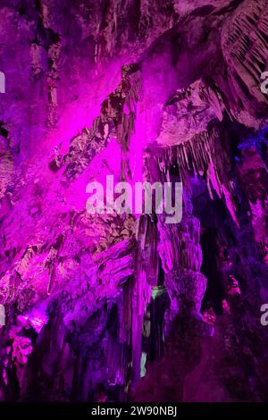 Gibilterra Themenfoto: Reise, Europa, Gibilterra, Saint Michael S Hoehle, Grossbritannien, 19.12.2023 Bunte Lichteffekte auf den Waenden mit den Stalagmiten und Stalaktiten in der Saint Michael S Hoehle in den Felsen von Gibraltar Themenfoto: Reise, Europa, Gibilterra, Saint Michael S Hoehle, Grossbritbriten, 19.12.2023 ****** Gibilterra, Gibilterra, Gibilterra, Gibilterra viaggio, Gibilterra, Gibilterra Europa, Gibilterra, Gibilterra, Gibilterra, Gibilterra grotta di San Michele, Regno Unito, 19 12 2023 coloratissimi effetti di luce sulle pareti con stalagmiti e stalattiti nella grotta di San Michele nelle rocce di Gibilterra, viaggio fotografico a tema Europa, Gibilterra, San Michele Foto Stock