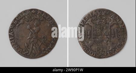 Hope for Peace in Gelderland, penalità di calcolo della Corte dei conti, Anonymous, 1607 live Copper Medal. Fronte: Donna in preghiera, in piedi di fronte all'ancora; sopra di essa: piccione con ramo di pace in un fascio di luce radiante all'interno di Kischrift. Rovescio: Stemma coronato su croce borgognona, affiancato da Wtee Landlagen, dove sparano scintille all'interno dell'Omnipia interrotte da quattro stemmi. Harderwijk rame (metallo) che colpisce (lavorazione dei metalli) Gelderland Foto Stock