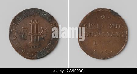 Power of the Seven United Netherlands, Anonymous, 1612 Live Copper Medal. Fronte: Fascio di mare con frecce legate a nastro all'interno di Kischrift. Inverso: Iscrizione Dordrecht rame (metallo) percussione (lavorazione dei metalli) Paesi Bassi Foto Stock