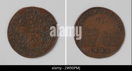 Jerome du Quesnoy, magistrato del tesoro di Bruxelles, anonimo, 1625 Live Copper Medal. Parte anteriore: Stemma con elmetto all'interno. Lati negativi: Uno scrigno di tesori aperto e completo e uno chiuso; inoltre, un occhio vigile copre Bruxelles rame (metallo) che colpisce (lavorazione dei metalli) Bruxelles Foto Stock