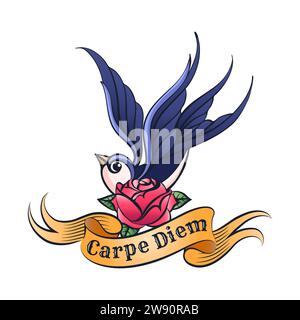 Tatuaggio di rondine fiore di rosa e nastro con la dicitura Carpe Diem What Means seize the Day Isolated on white Vector Illustration Illustrazione Vettoriale