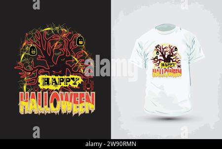 T-shirt Happy Pumpkins Halloween. Speciale T-shirt di Halloween colorata con il tradizionale design arancione delle zucche. Illustrazione Vettoriale