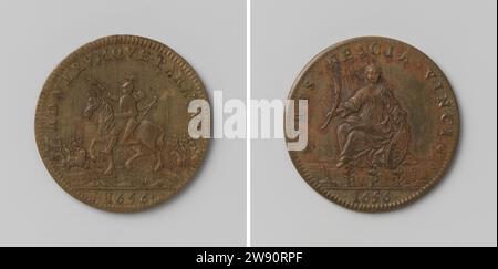 Desideroso di pace in Francia, medaglia di calcolo in onore di Luigi XIV, re di Francia, anonimo, 1656 live Copper Medal. Fronte: Louis a cavallo in equipaggiamento completo con pugno di comando in vasta mano destra e con arco e manicotto freccia entro il cambio; taglio: Anno. Al contrario: Donna seduta con rametto di palma e scudo in mano; sotto quelle tre lettere coronate P all'interno di Omschrift; Cut: Year. Ferramenta (metallo) Francia (lavorazione dei metalli) Foto Stock