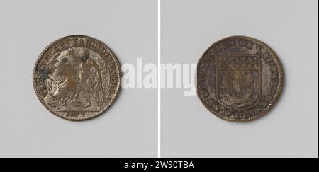 La minaccia all'indirizzo della Repubblica, a causa dell'inondazione del paese, ha sconfitto il calcolo in onore di Claude la Peletier, della terza provocazione dello spot a Parigi, anonimo, 1673 Live Silver Medal. Fronte: Herkules appoggiato su nodi, tiene un corno in mano destra sollevata; sullo sfondo: Mucca, che si tuffa tra le canne nell'intreccio; taglio: Anno. Rovescio: Stemma all'interno. Francia argento (metallo) percussione (lavorazione dei metalli) Paesi Bassi. Parigi Foto Stock