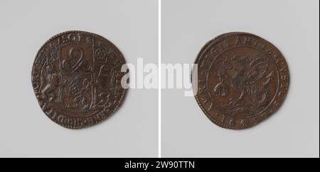 Theodore d'Elshout, soprannominato van Heusden, signore di Midwale, magistrato del tesoro di Bruxelles, anonimo, 1683 live Copper Medal. Parte anteriore: Stemma su nastro, fiancheggiato da due leoni con striscione all'interno. Al contrario: Griffioen con pile di fiorino appeso al nastro nel turno di destra Bruxelles rame (metallo) colpisce (lavorazione dei metalli) Bruxelles Foto Stock