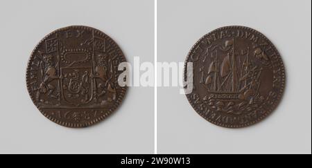 Theodore d'Elshout, soprannominato van Heusden, signore di Midwale, cinquantacinque nella tenda di Bruxelles, Anonimo, 1687 live Copper Medal. Parte anteriore: Stemma su nastro, fiancheggiato da due leoni con copertura interna per striscione; taglio: Anno. Retromarcia: Nave in acqua, continuata dal vento all'interno dell'Omschrift Brussels rame (metallo) che colpisce (lavorazione dei metalli) Willebroekse Vaart Foto Stock