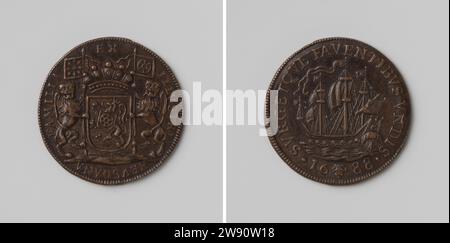 Theodore d'Elshout, soprannominato van Heusden, signore di Midwale, cinquantacinque intendente di Bruxelles, Anonimo, 1688 live Copper Medal. Parte anteriore: Stemma su nastro, fiancheggiato da due leoni con copertura interna per striscione; taglio: Anno. Retromarcia: Nave in acqua, continuata dal vento all'interno dell'Omschrift Brussels rame (metallo) che colpisce (lavorazione dei metalli) Willebroekse Vaart Foto Stock