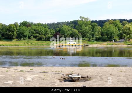 23 luglio 2023 - Pillnitz, Dresda in Germania: Il traghetto a Dresda collega Pillnitz con Kleinzschachwitz ed è gestito dalla Dresdner Verkehrs Foto Stock