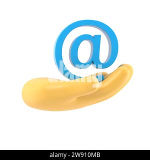 Icona del gesto dei cartoni animati Mockup.personaggio uomo d'affari dei cartoni animati che tiene la mano al simbolo. Illustrazione 3d.Rendering 3D su sfondo bianco. Foto Stock