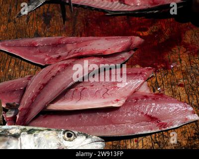 Un dettaglio di pesce fresco pescato che taglia e pulisce nella spiaggia di pescatori Punta Lobos vicino a Todos santos, Oceano pacifico baja california sur mexico Foto Stock