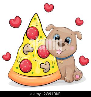 Carino cane da cartoni animati con un grosso pezzo di pizza. Illustrazione vettoriale di un animale su sfondo bianco con cuori rossi. Illustrazione Vettoriale