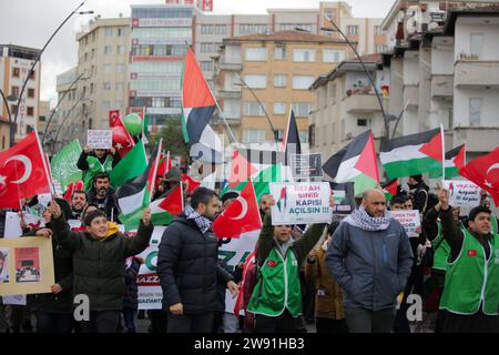 23 dicembre 2023: Gaziantep, Turkiye. 23 dicembre 2023. Decine di manifestanti si riuniscono nella città turca meridionale di Gaziantep per chiedere la libertà della Palestina. I partecipanti hanno innalzato la bandiera palestinese accanto a quella turca in solidarietà con i palestinesi, mostrando anche striscioni che chiedono la fine dell'operazione militare israeliana a Gaza e la protezione dei medici palestinesi nell'enclave palestinese assediata. La dimostrazione è stata organizzata IHH Humanitarian Relief Foundation (immagine di credito: © Zakariya Yahya/IMAGESLIVE via ZUMA Press Wire) SOLO PER USO EDITORIALE! Non per COM Foto Stock