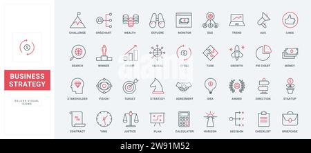 Strategia di crescita del business, idee per il successo dell'azienda icone sottili nere e rosse con linee di colore vettoriale. Delineare l'etica aziendale, i simboli di presentazione dei dati, la freccia di direzione e la lente di ingrandimento per la visione Illustrazione Vettoriale